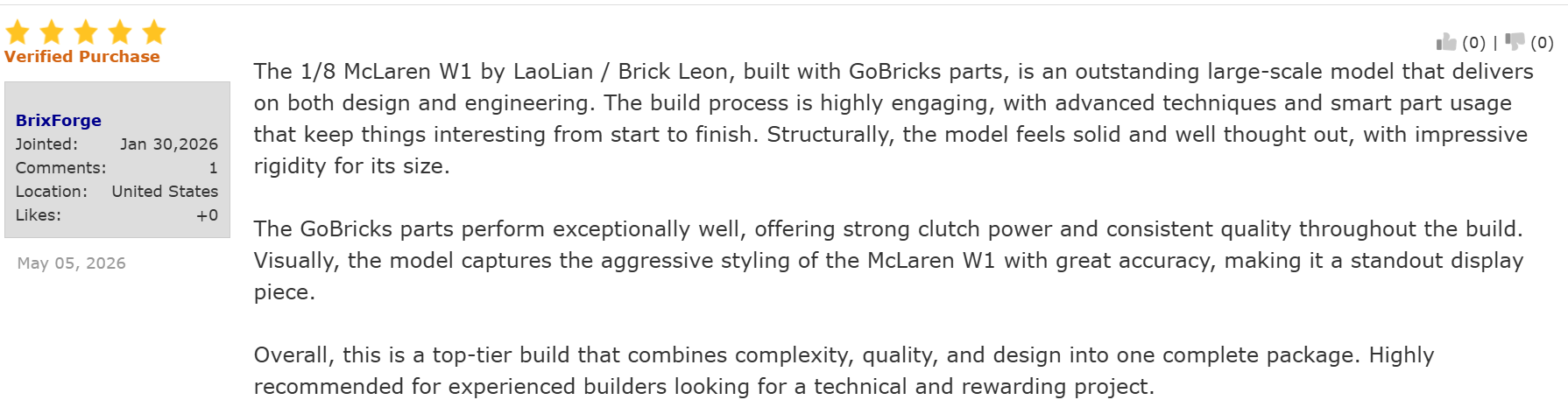 BrixForge verified-purchase 5-star review of the 1/8 McLaren W1 build from the United States