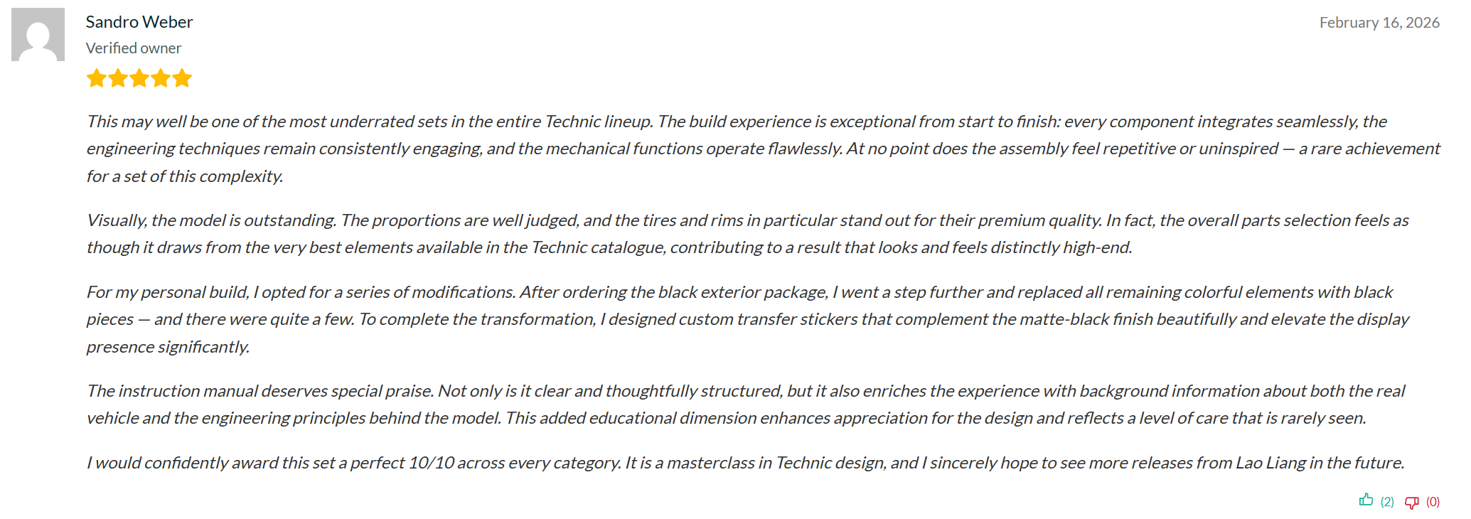 Sandro Weber verified-owner 5-star review dated Feb 16 2026