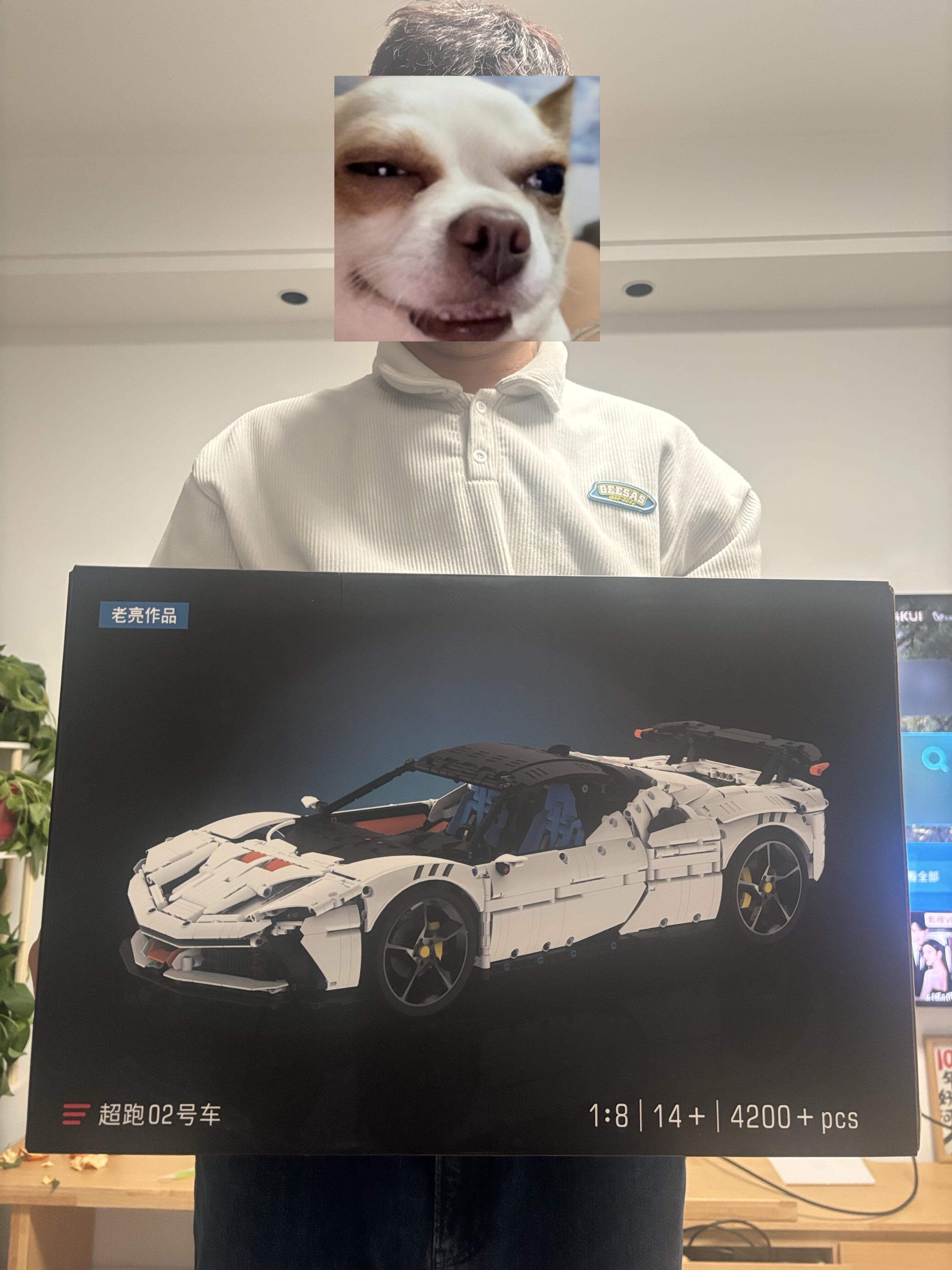 Player holding the black MOC 02 packaging box showing the white car render and 4200+ pcs spec